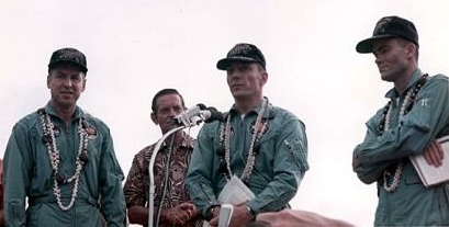The Apollo 13 Crew after the mission (Lovell, Swigert & Haise, from Left to Right). This shot is probably from Hawaii where President Nixon awarded them the Medal of Freedom.